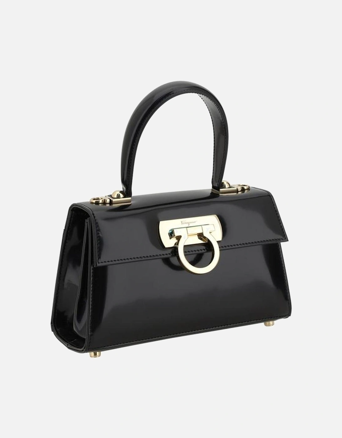 Leather Top Handle Handbag with Gold Plaque Women - Black