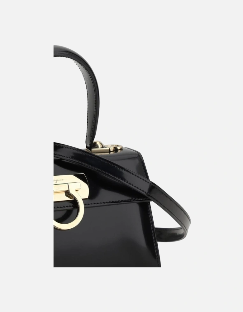 Leather Top Handle Handbag with Gold Plaque Women - Black