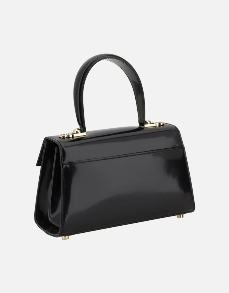 Leather Top Handle Handbag with Gold Plaque Women - Black