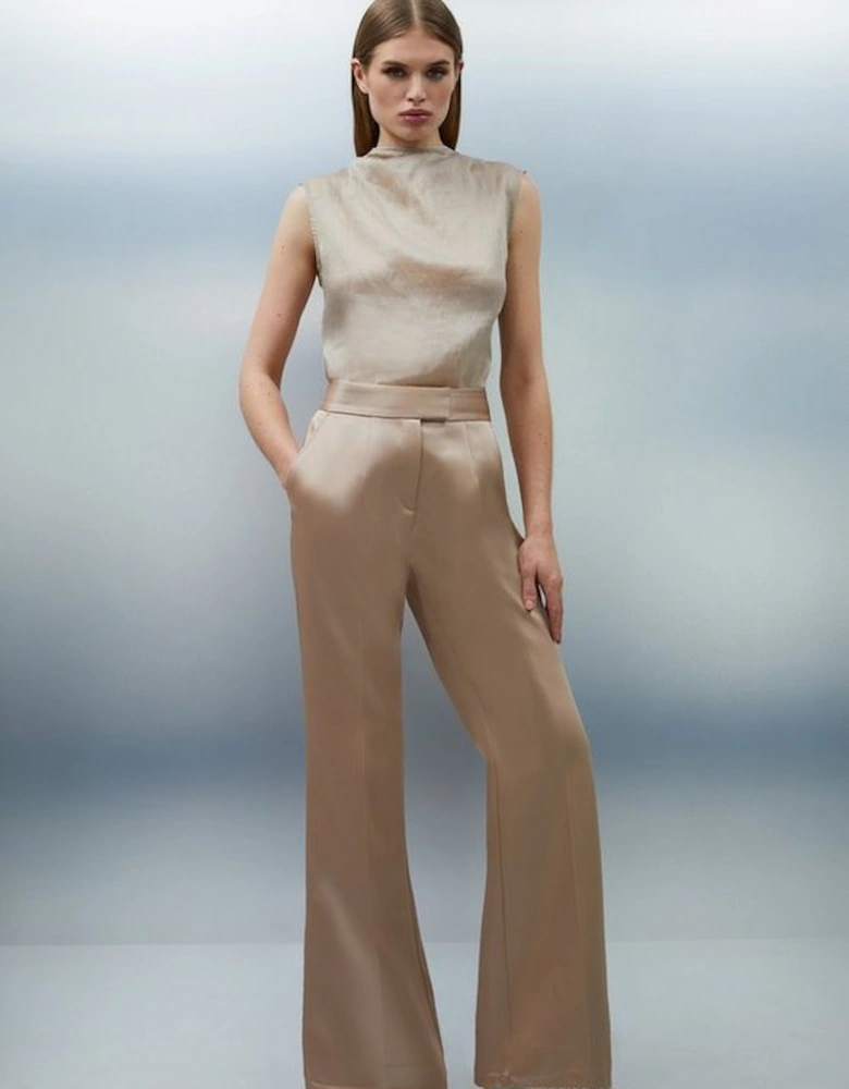 Structured Viscose Satin Stitch Detail Tailored Kickflare Trouser