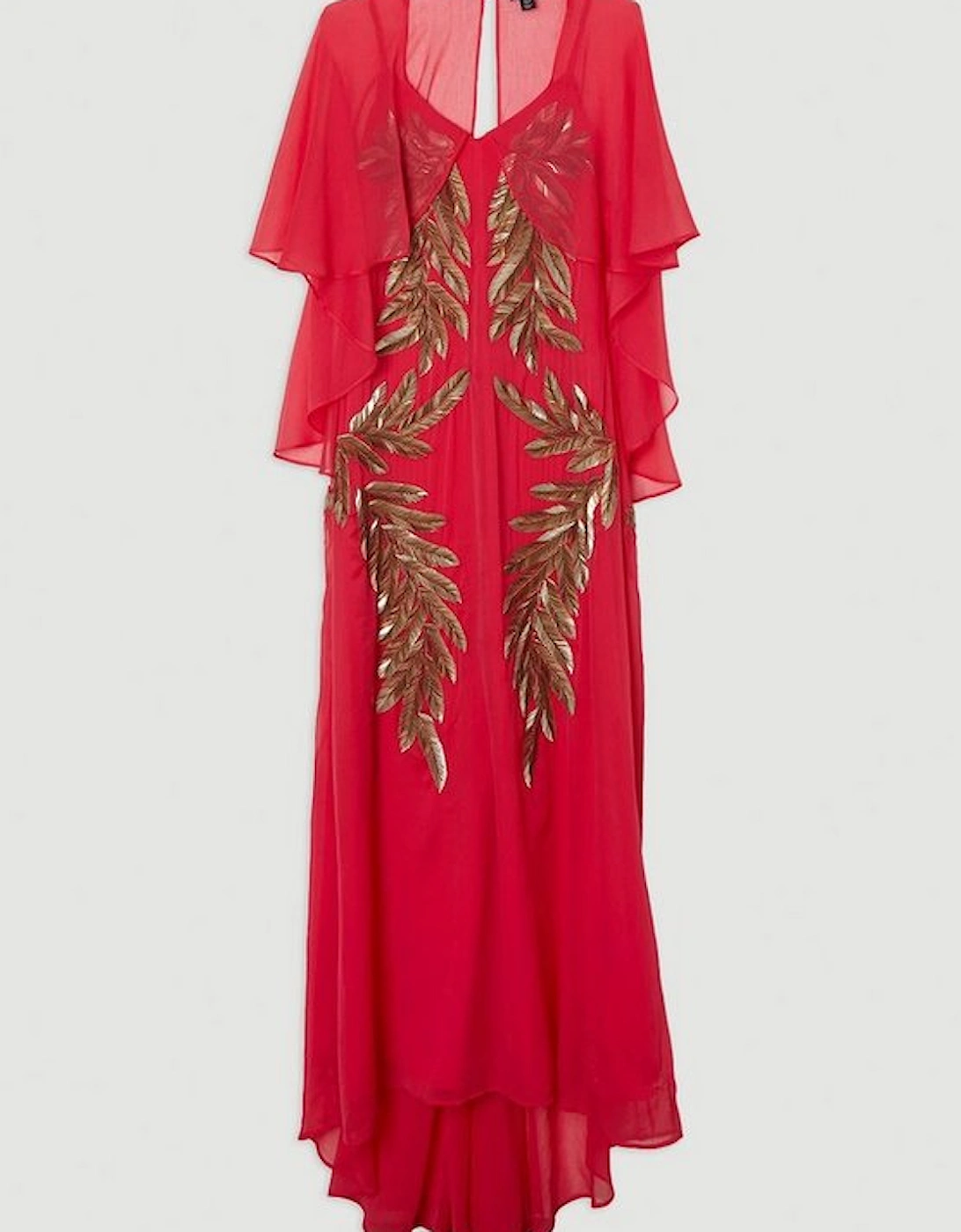 Feather Embellished Woven Cape Sleeve Maxi Dress