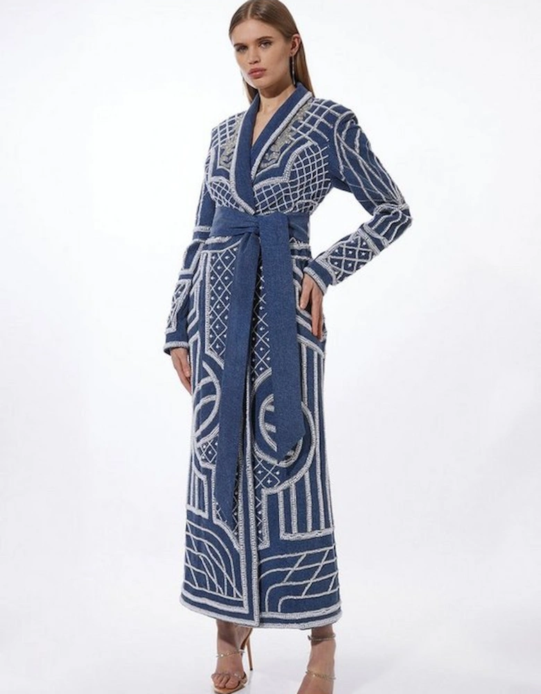 Pearl Embellished Woven Denim Maxi Blazer Dress