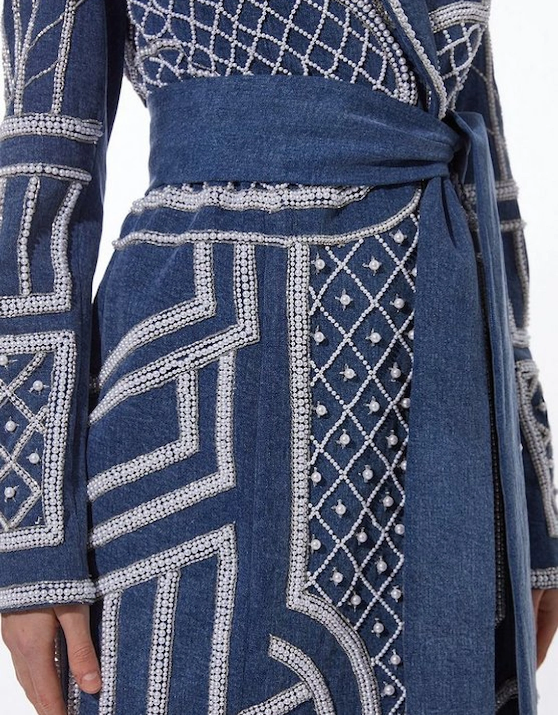 Pearl Embellished Woven Denim Maxi Blazer Dress