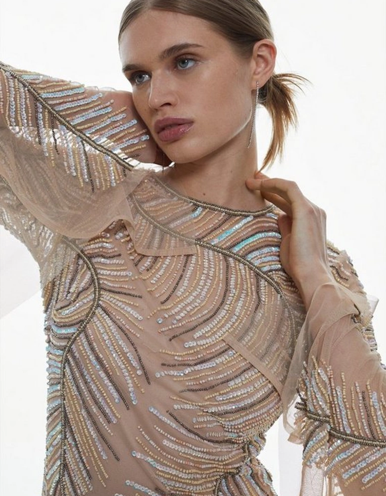 Feather Crystal Embellished Maxi Dress
