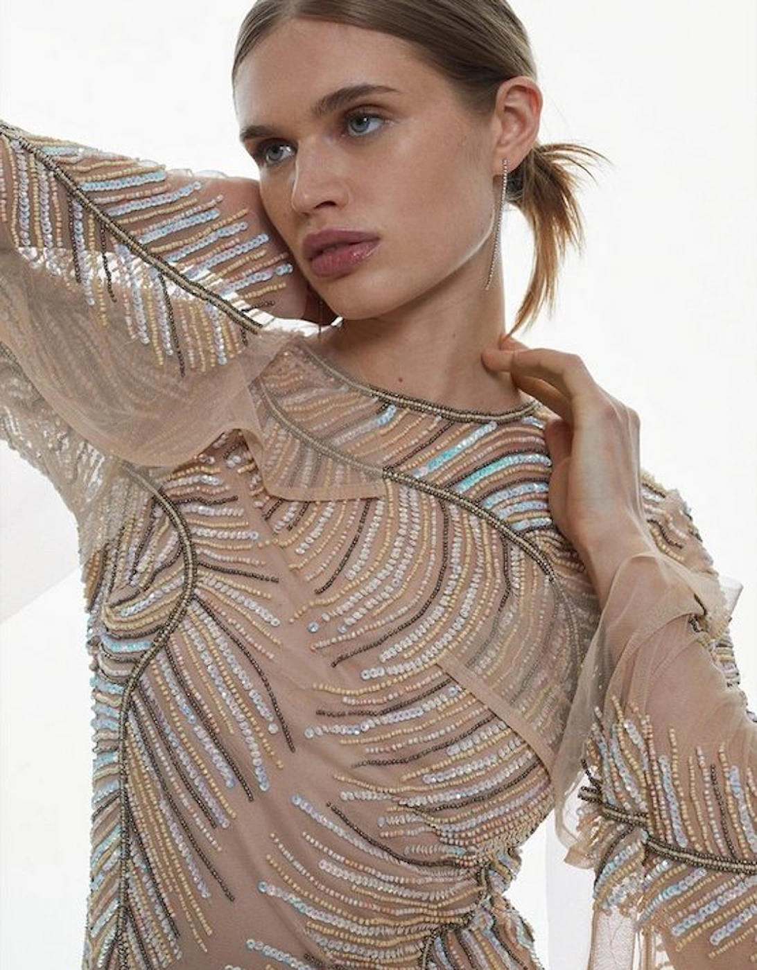 Feather Crystal Embellished Maxi Dress