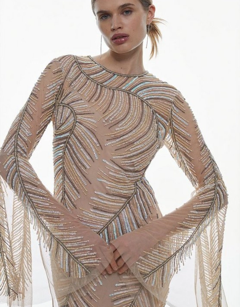 Feather Crystal Embellished Maxi Dress