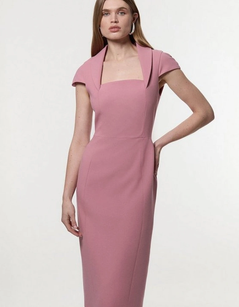 Compact Stretch Square Neck Tailored Pencil Midi Dress