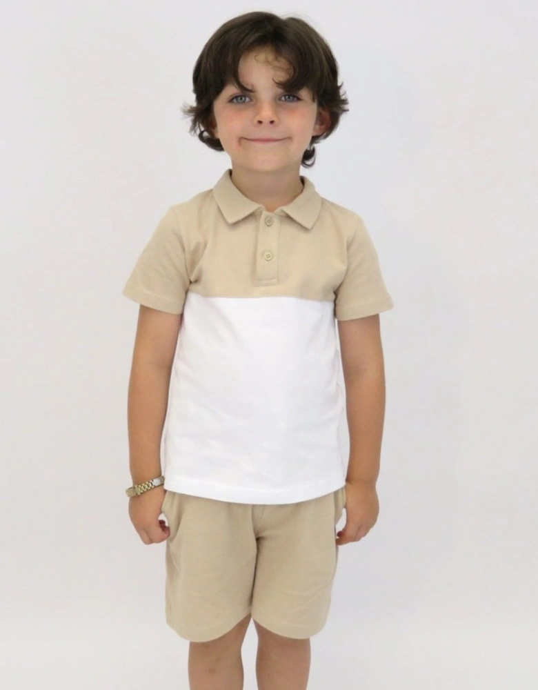 Boys Beige and White Polo Short Set