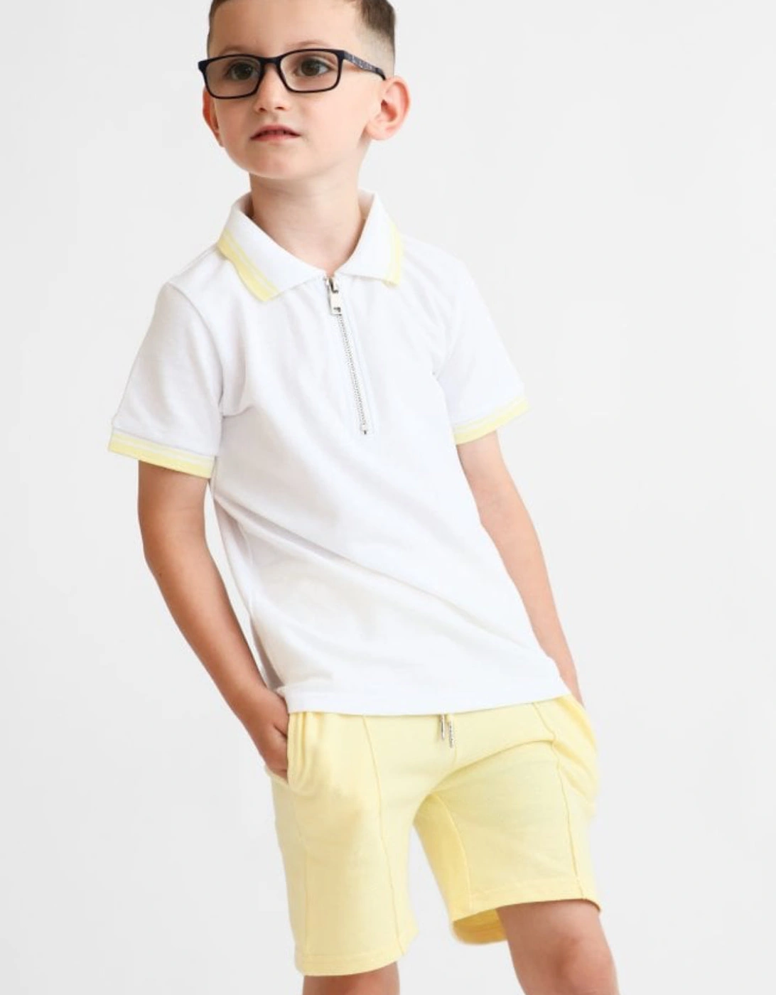 Boys Lemon and White Zip Polo Short Set, 6 of 5