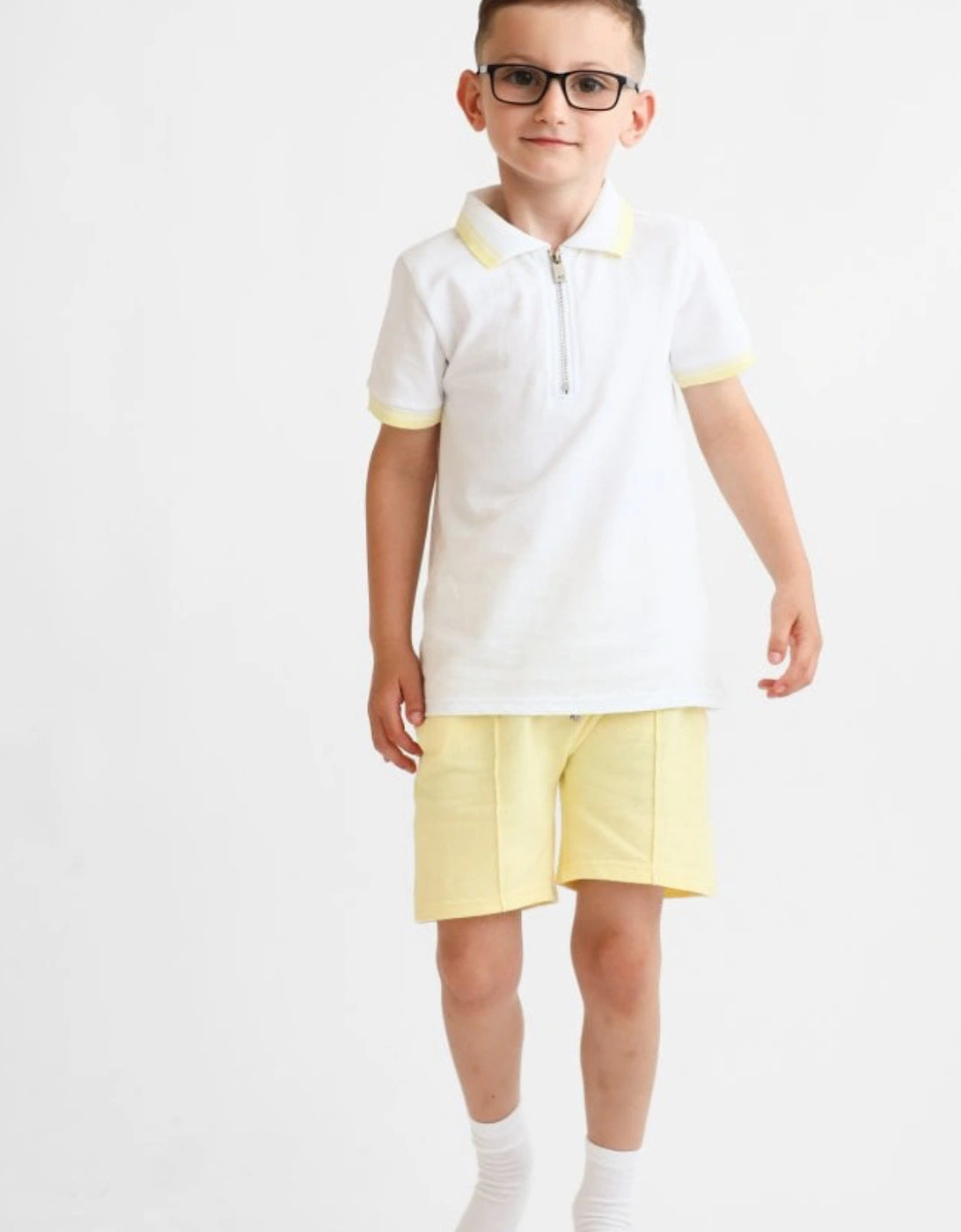 Boys Lemon and White Zip Polo Short Set