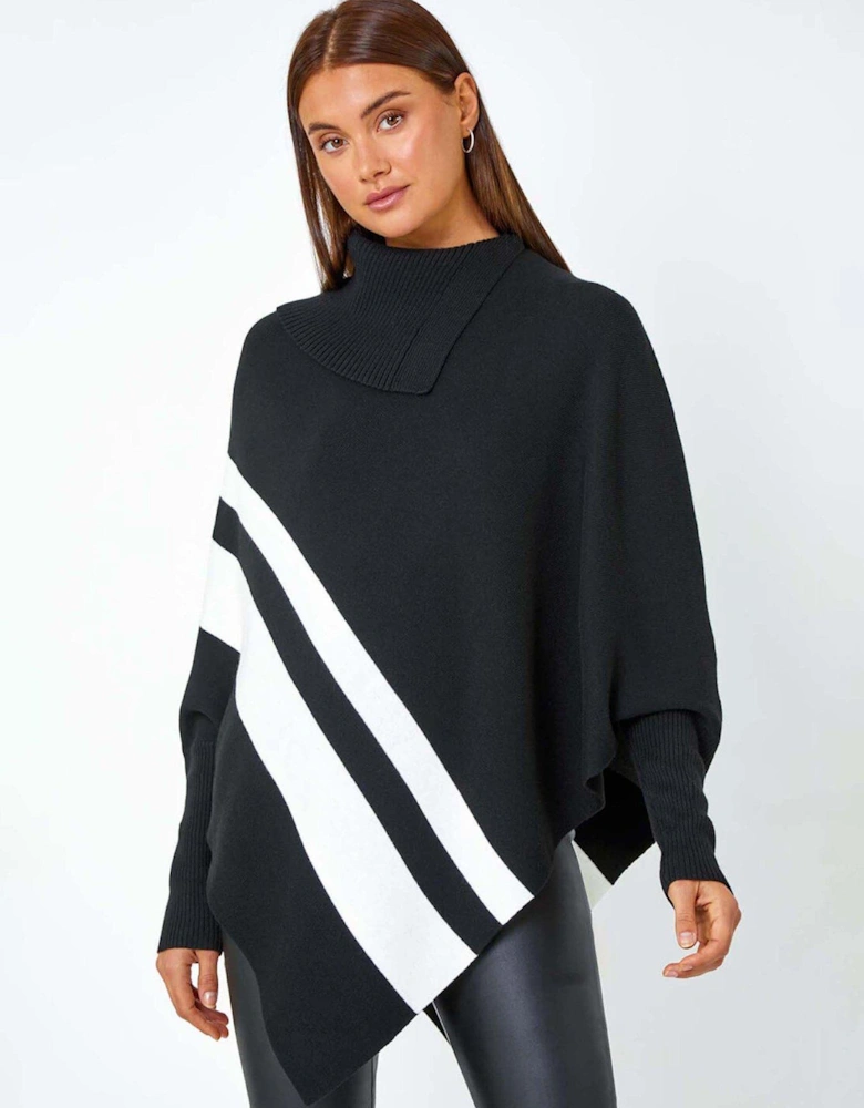 Roll Neck Wool Blend Stripe Poncho - Black