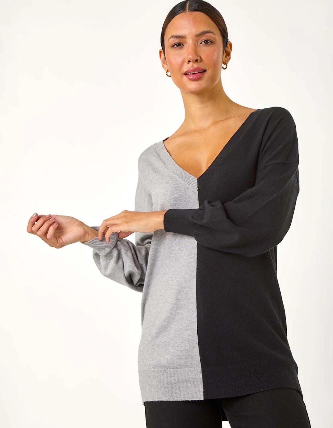 V-neck Colour Block Knit Jumper - Grey, 2 of 1