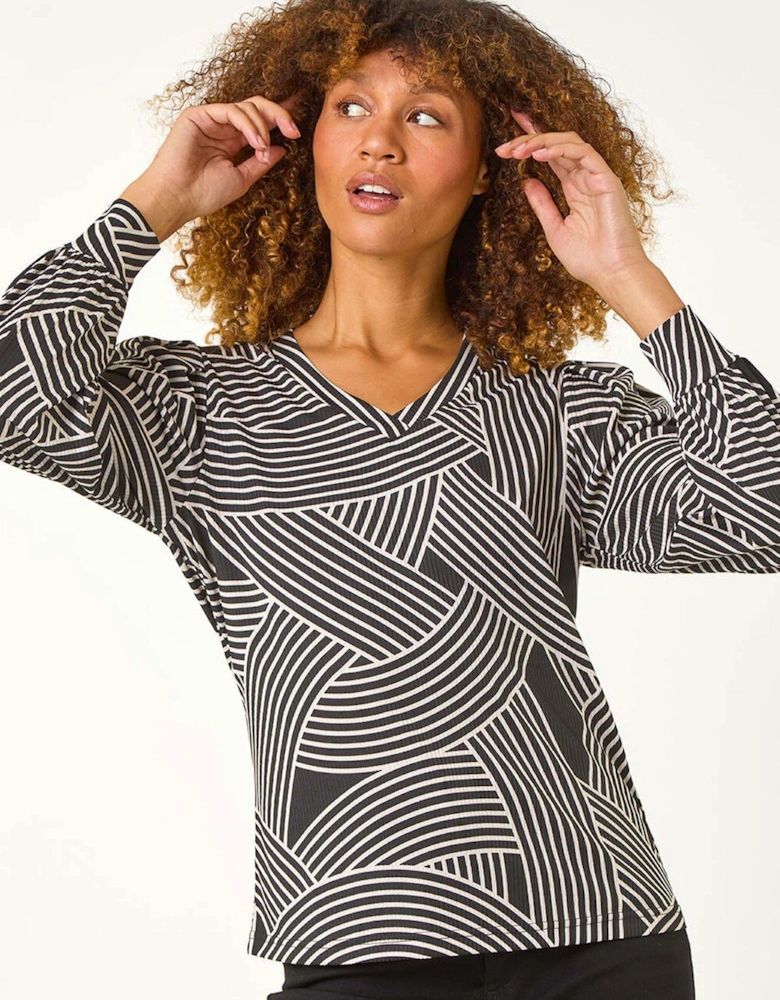 Geometric Print V-neck Stretch Top - Black