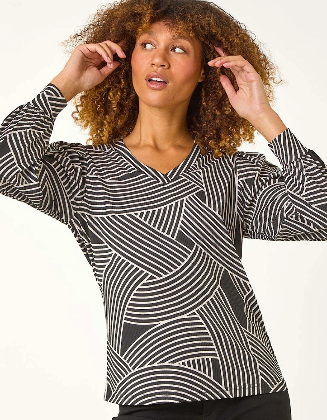 Geometric Print V-neck Stretch Top - Black, 2 of 1