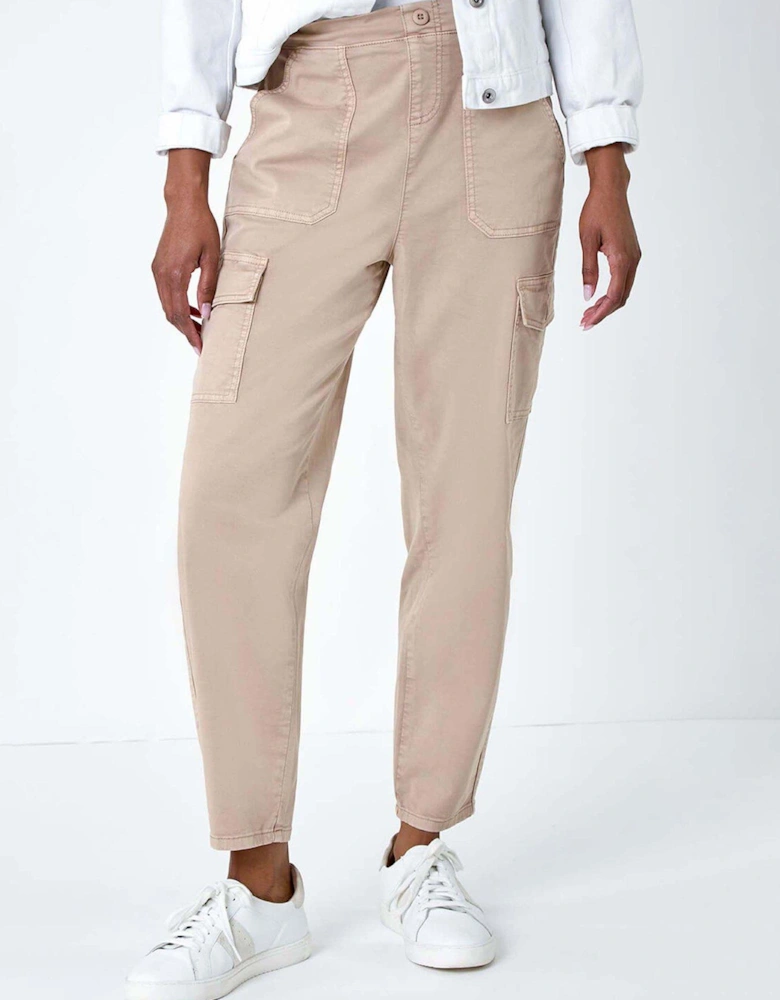 Casual Elastic Waist Cropped Cargo Trousers - Beige