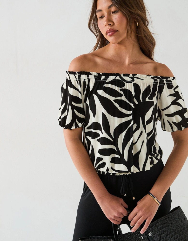 Bardot Shirred Waist Top - Mono Palm Print