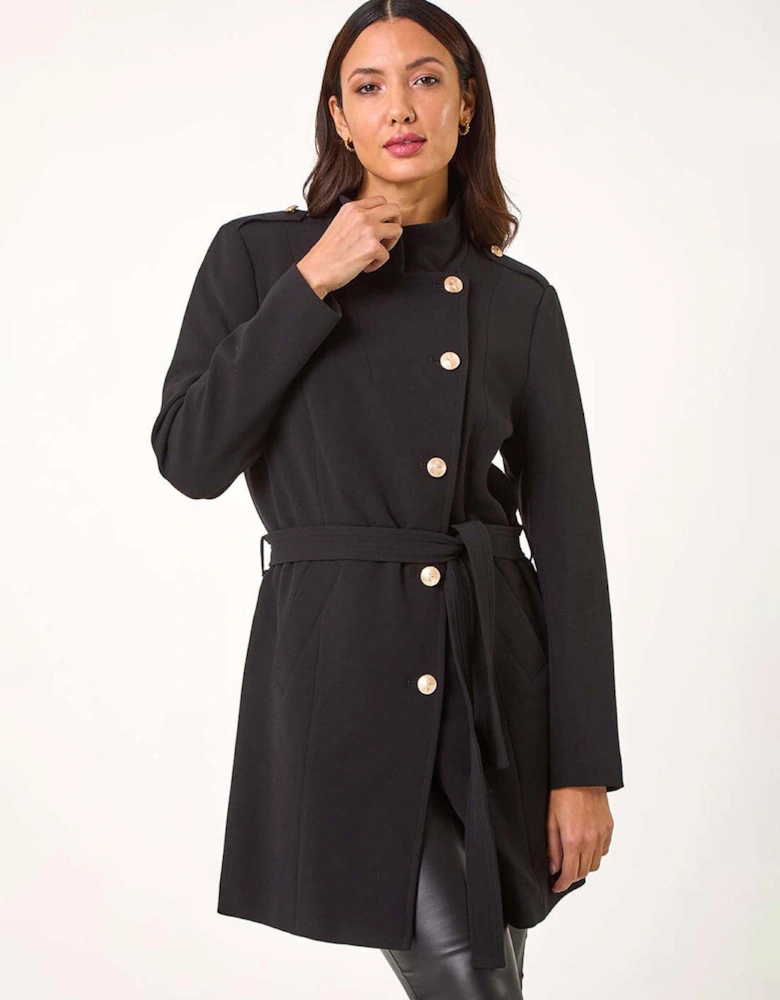 Funnel Neck Buttoned Coat - Black