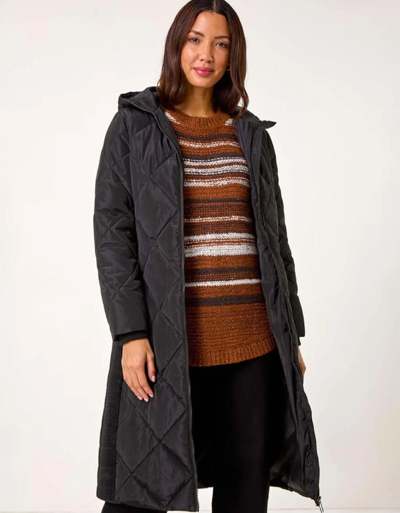 Longline Diamond Quilt Hooded Coat - Black