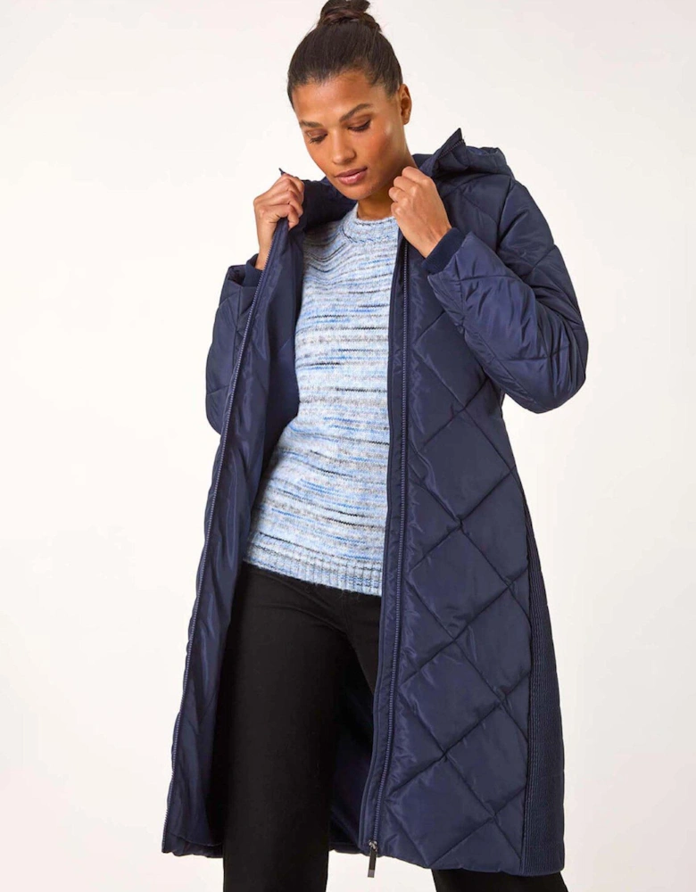 Longline Diamond Quilt Coat - Blue