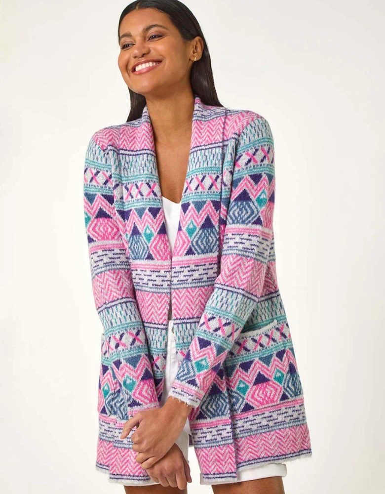 Chevron Pattern Longline Cardigan - Pink