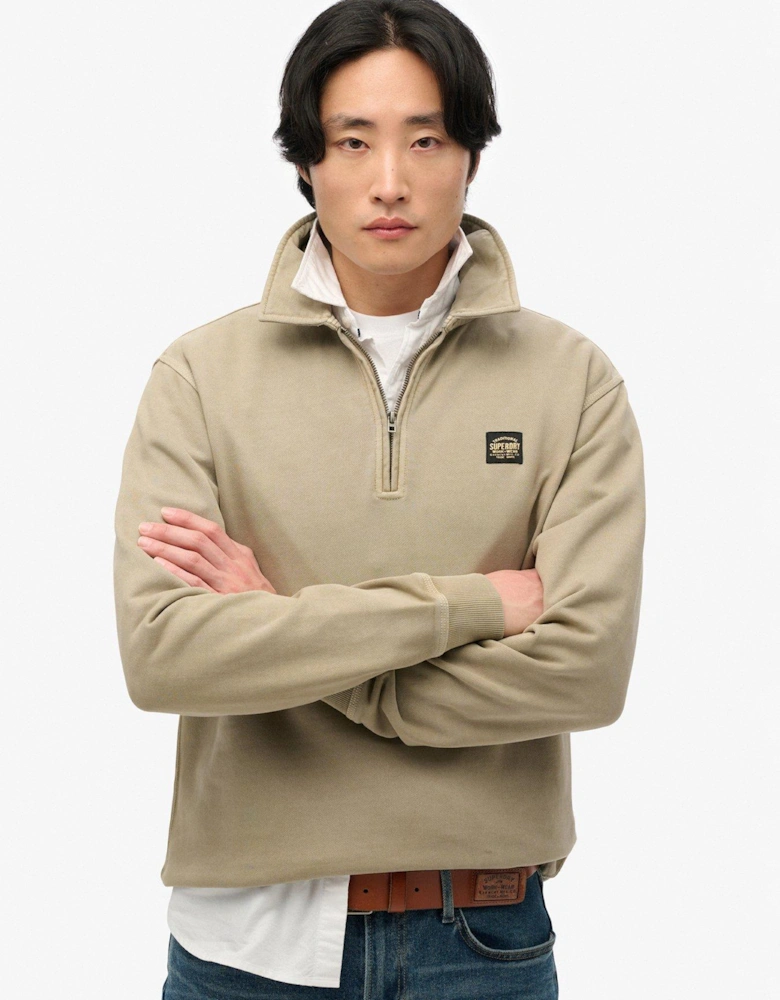 Contrast Stitch Half Zip Sweat Top - Light Khaki