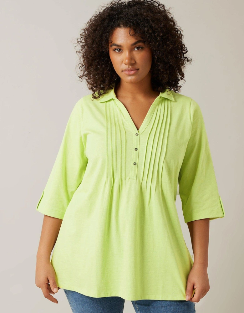 Pintuck Slub Henley Top - Green