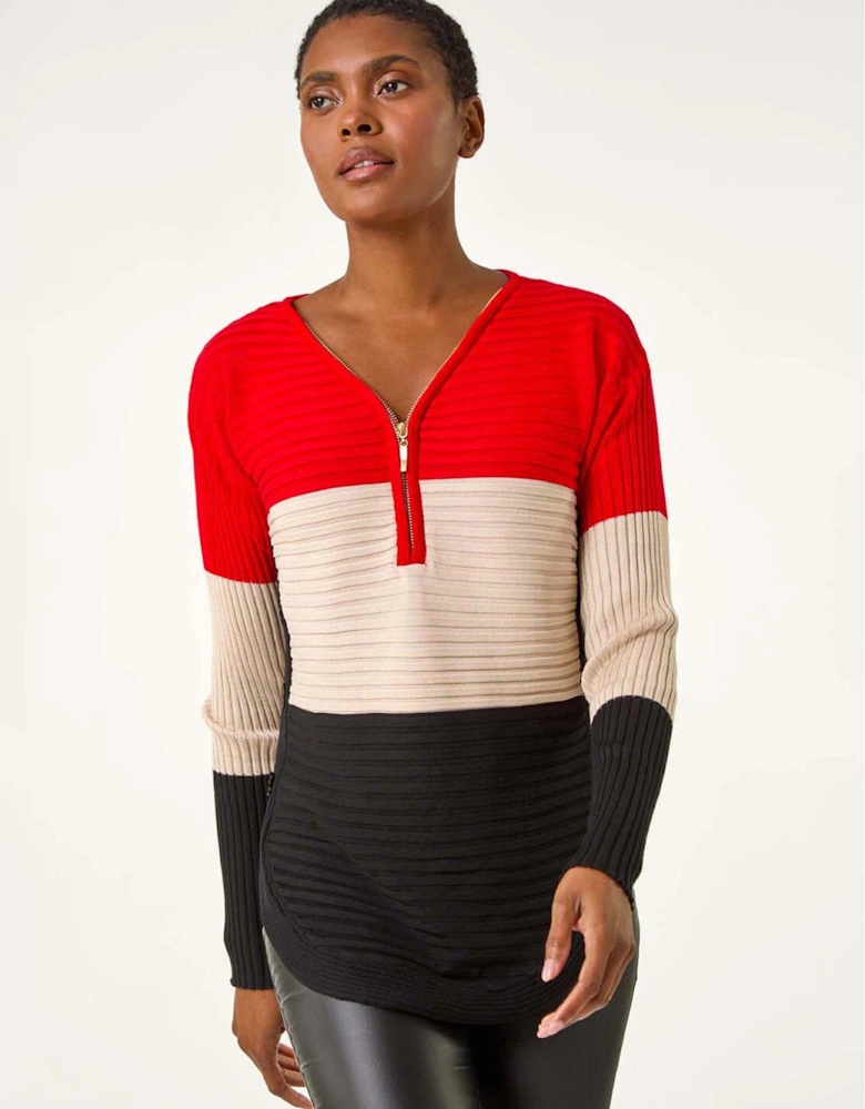 Colour Block Zip Front Knit Jumper - Red