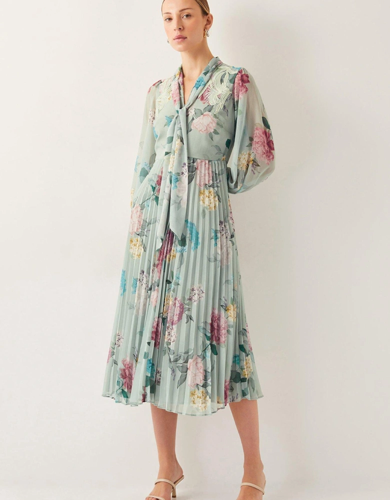 Agnes Floral Tie Neck Pleated Midi Dress - Sage