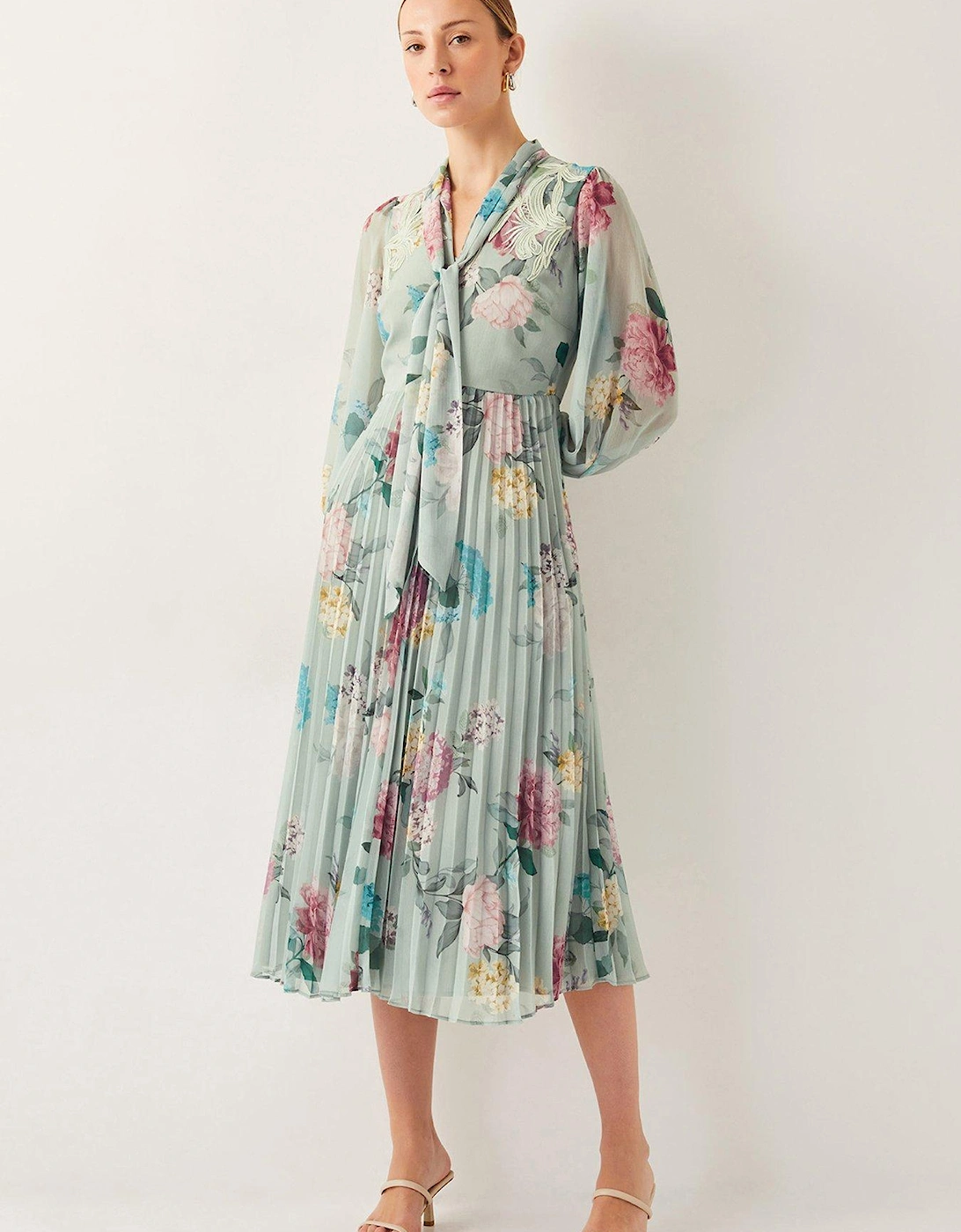 Agnes Floral Tie Neck Pleated Midi Dress - Sage, 2 of 1