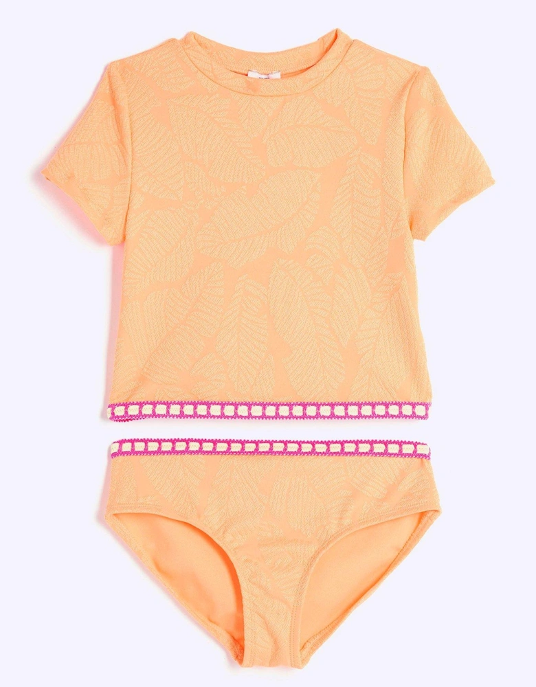 Girls Palm Textured T-Shirt Bikini Set - Peach