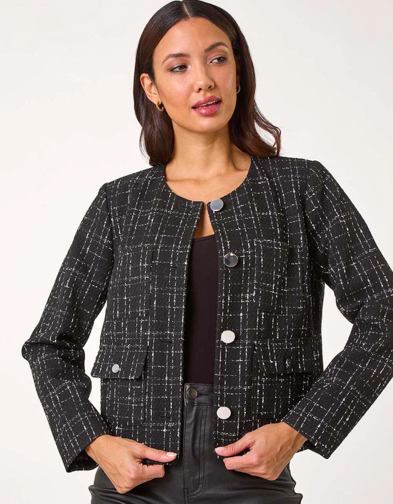 Collarless Buttoned Boucle Jacket - Black