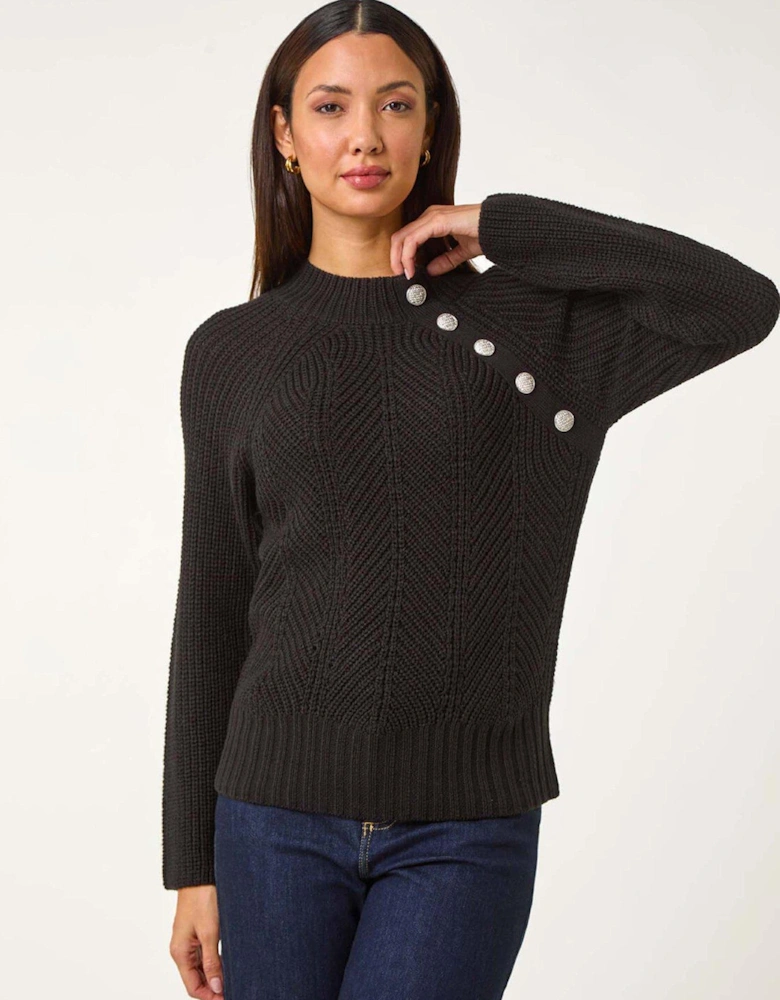 Textured Buttoned Neck Knit Jumper - Black