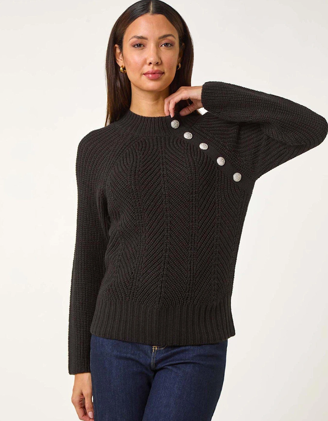 Textured Buttoned Neck Knit Jumper - Black, 2 of 1