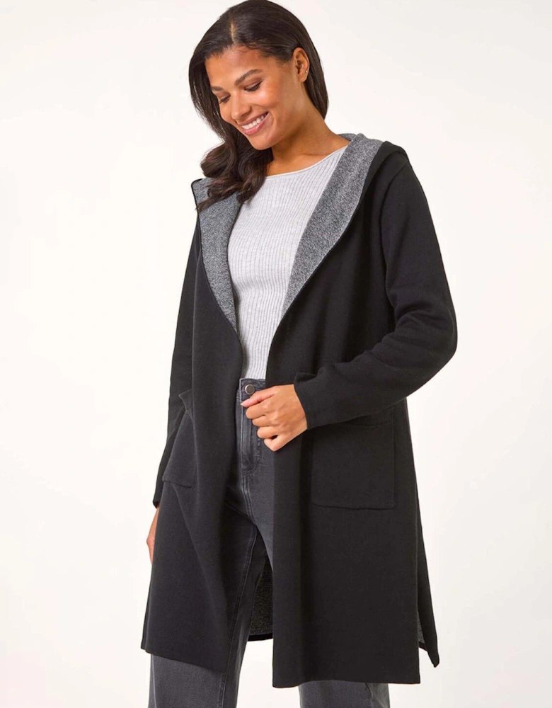 Contrast Hooded Longline Cardigan - Black