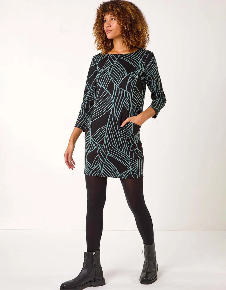 Abstract Print Pocket Detail Tunic Dress - Green