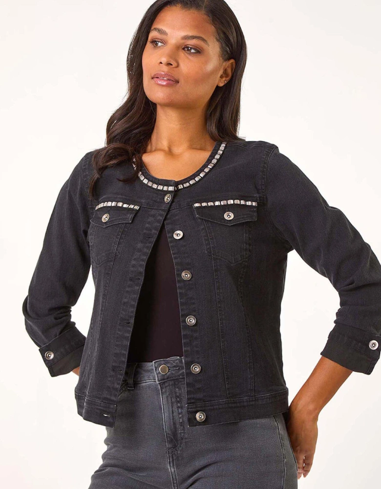 Collarless Tape Stretch Denim Jacket - Black