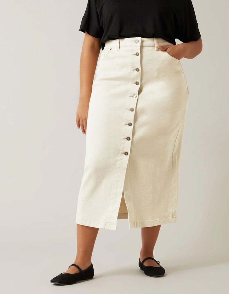 Button Through Denim Skirt - Ivory