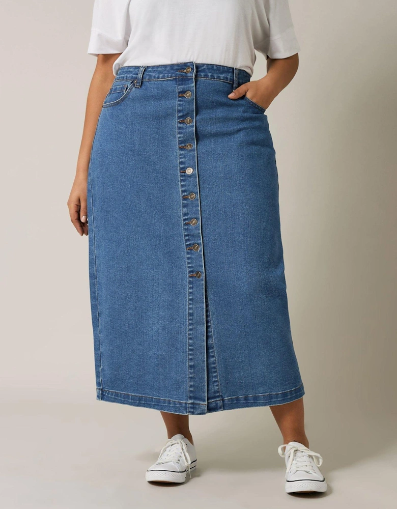 Button Through Denim Skirt - Blue