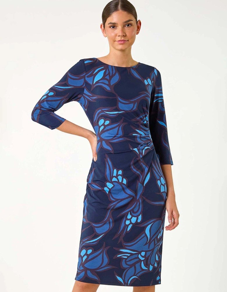 Floral Print Ruched Stretch Dress - Blue