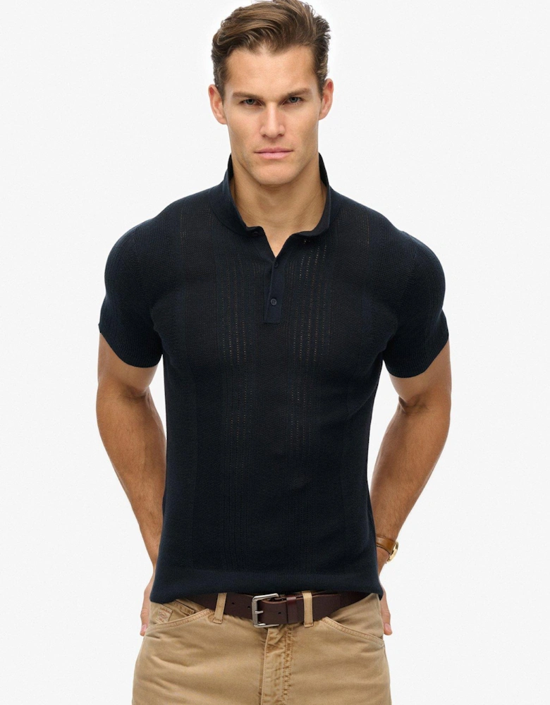 Short Sleeve Knitted Polo Shirt-Navy