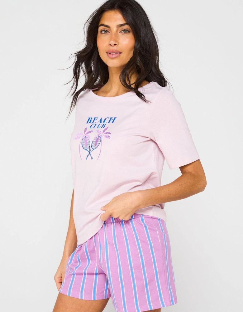 Jersey Printed Short Sleeve And Stripe Short Pj Set