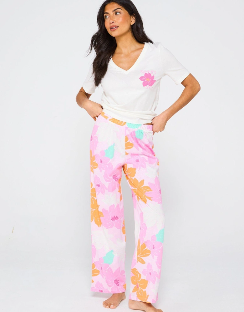 V Neck Short Sleeve Floral Wide Leg Pj Set