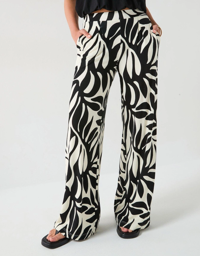 High Waisted Wide Leg Trousers - Mono Palm Print