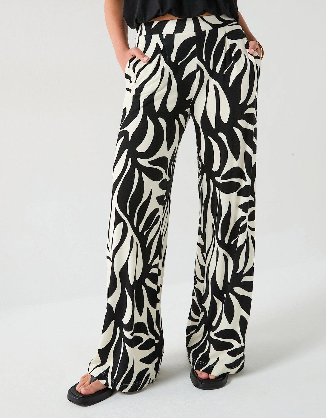 High Waisted Wide Leg Trousers - Mono Palm Print, 2 of 1