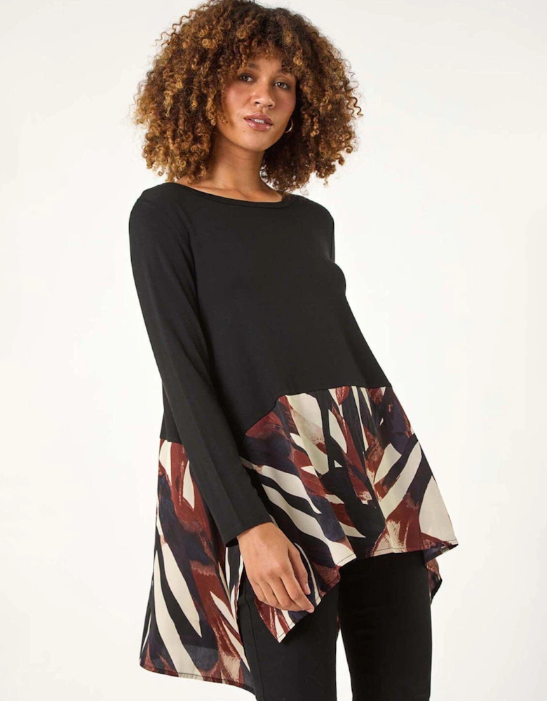 2 In 1 Abstract Print Chiffon Hem Top - Black