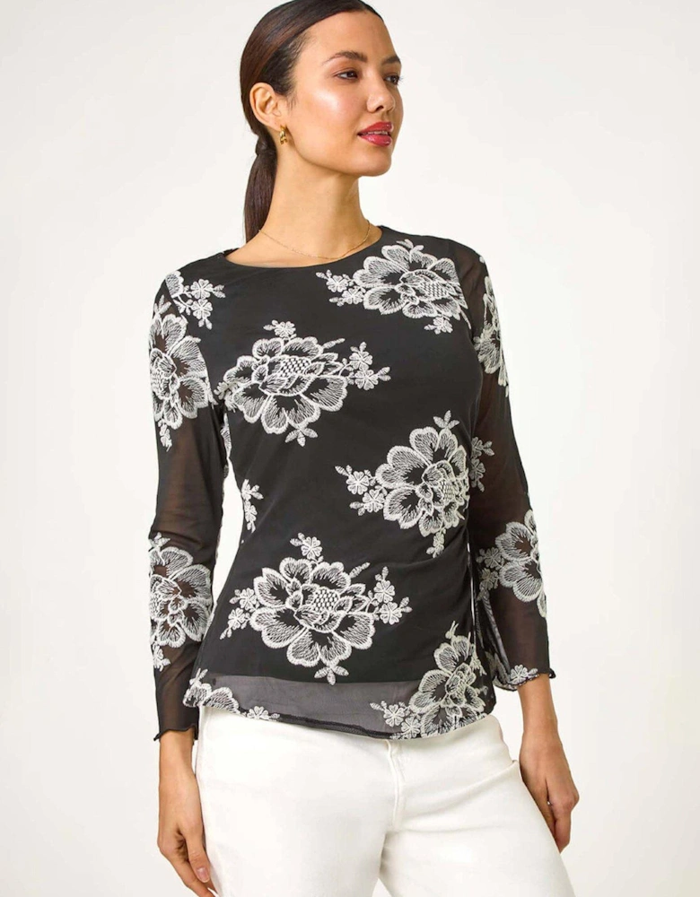 Floral Mesh Sleeve Stretch Top - Black