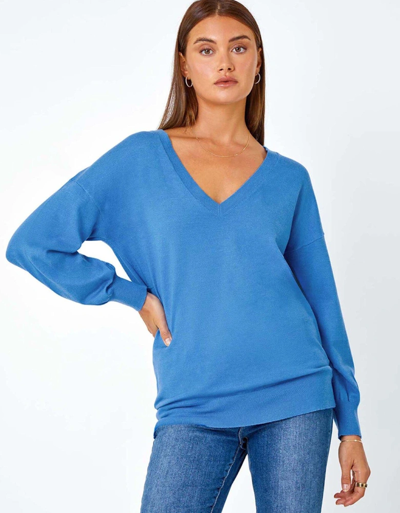 Plain Stretch V-neck Longline Jumper - Blue