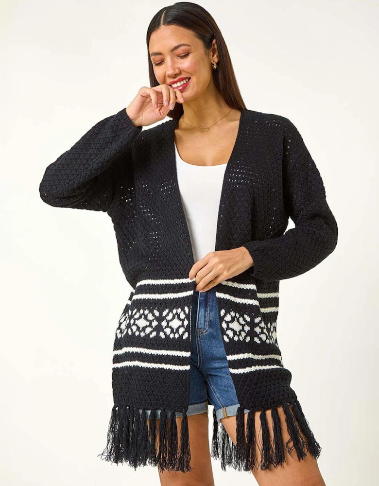 Jacquard Fringe Hem Knit Cardigan - Black