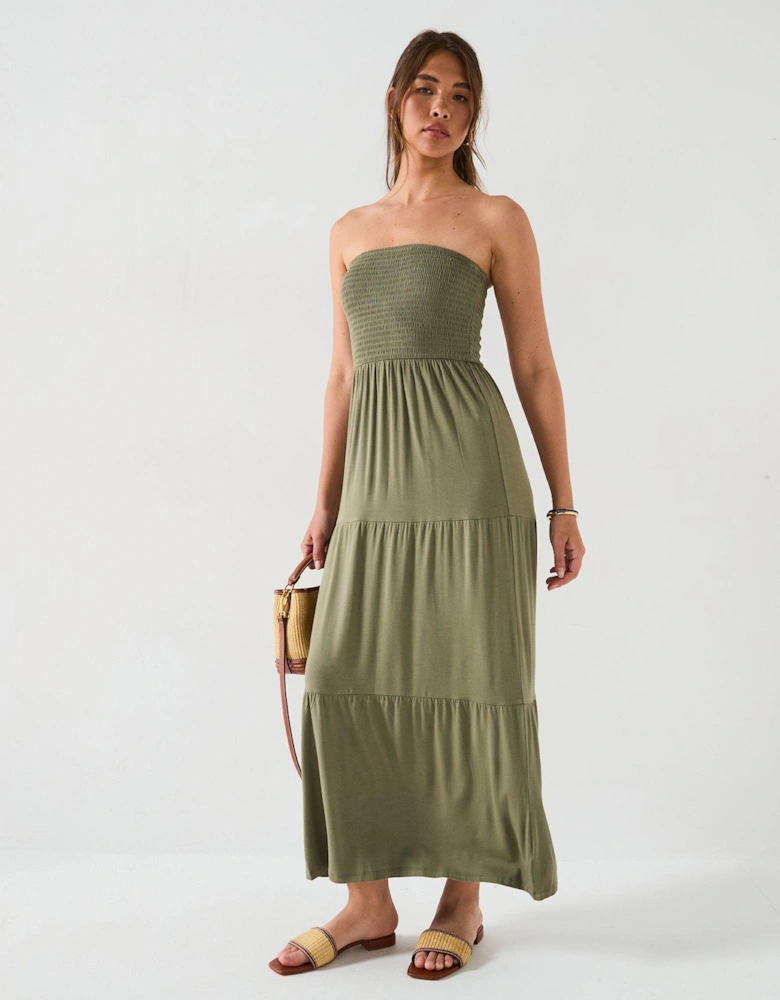 Shirred Bandeau Tiered Maxi Dress - Khaki