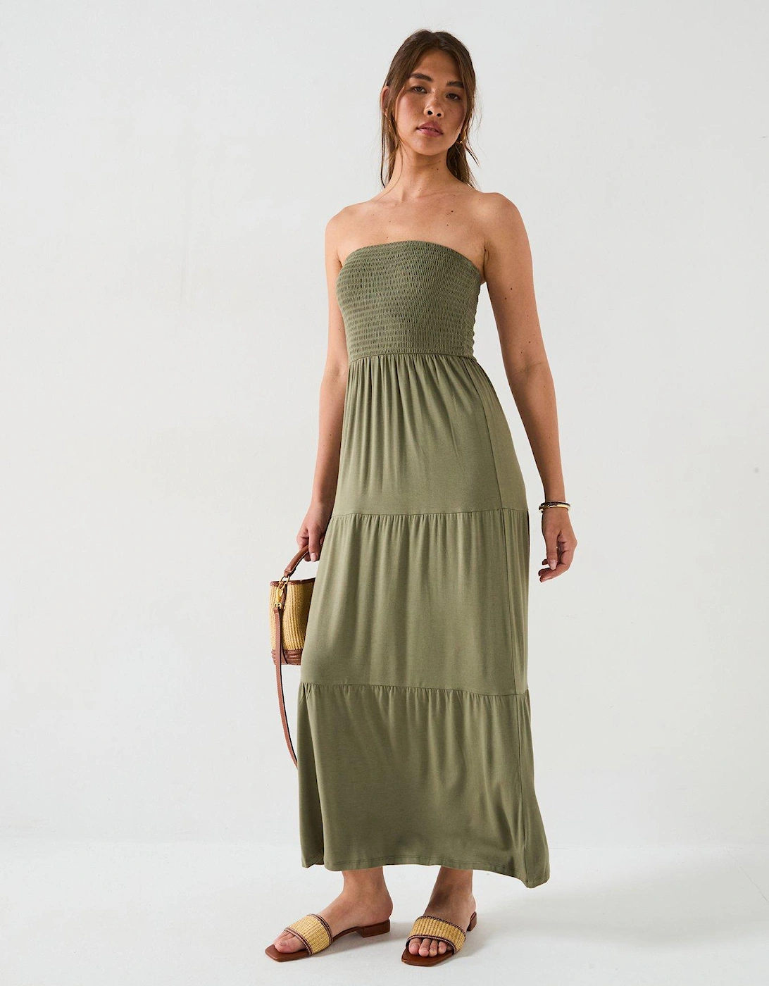 Shirred Bandeau Tiered Maxi Dress - Khaki, 2 of 1